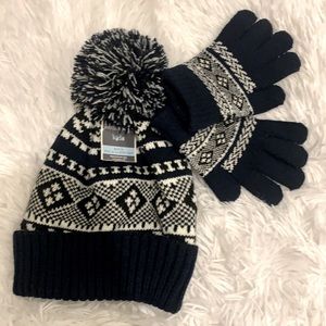 Kids Boys Hat & Glove knitted set Dark Navy blue and White Pom Pom NWT